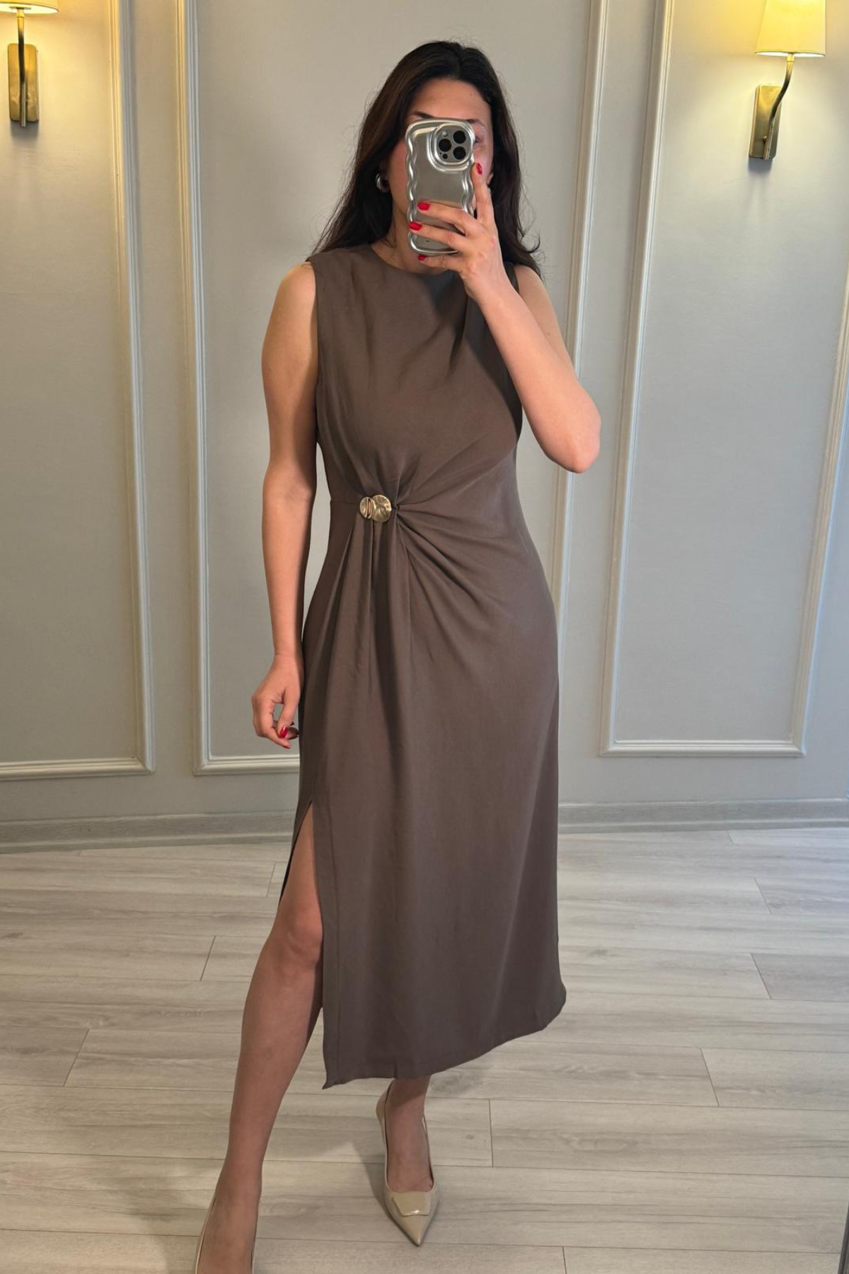 Gümüş Detaylı Maxi Boy Elbise Vizon