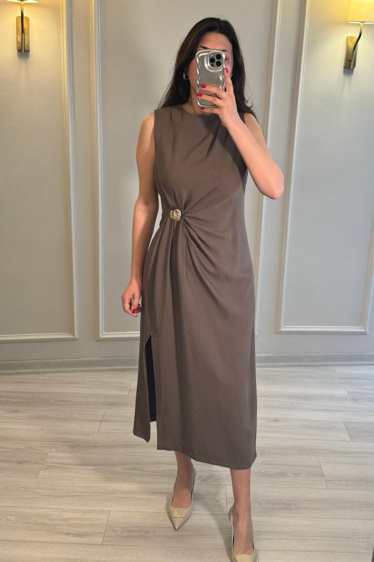 Gümüş Detaylı Maxi Boy Elbise Vizon