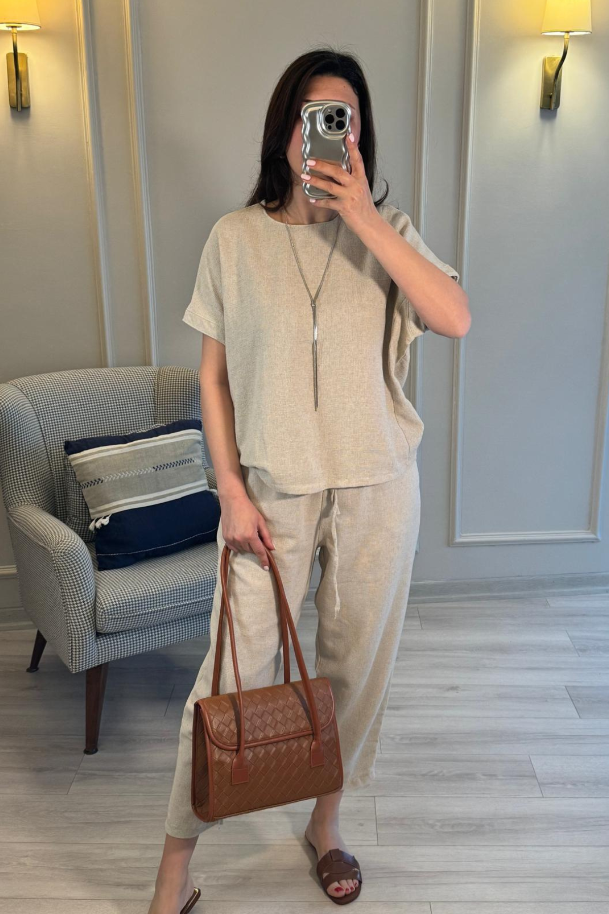 Keten Natural Bluz Pantolon Takım Bej