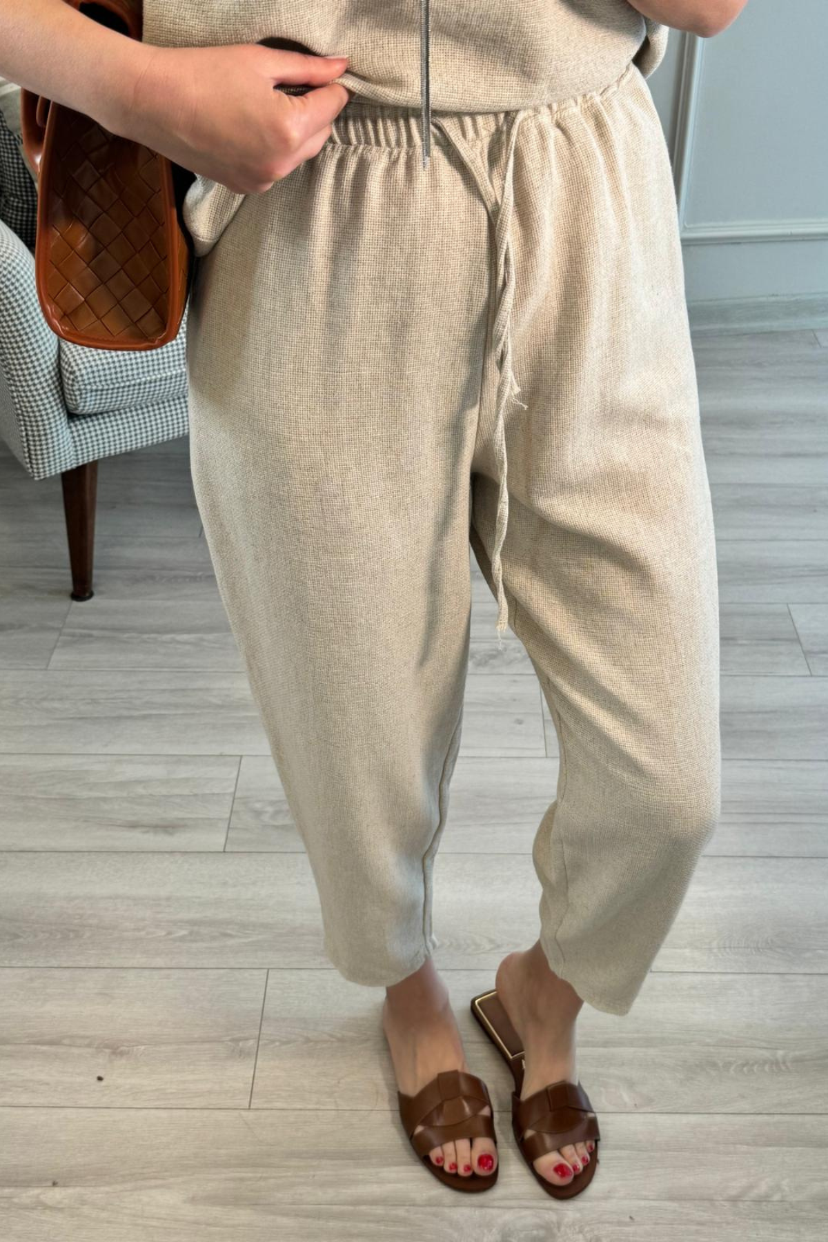 Keten Natural Bluz Pantolon Takım Bej