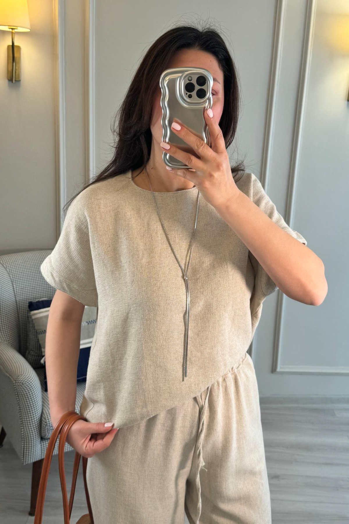 Keten Natural Bluz Pantolon Takım Bej