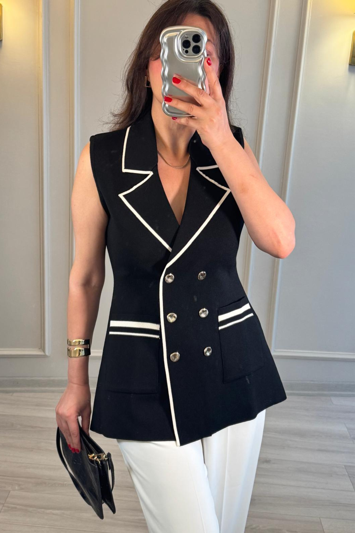 Kruvaze Çelik Triko Yelek Siyah