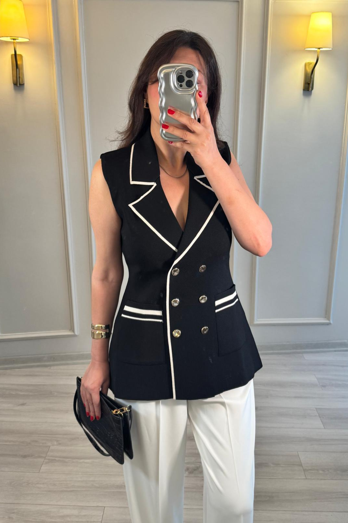 Kruvaze Çelik Triko Yelek Siyah