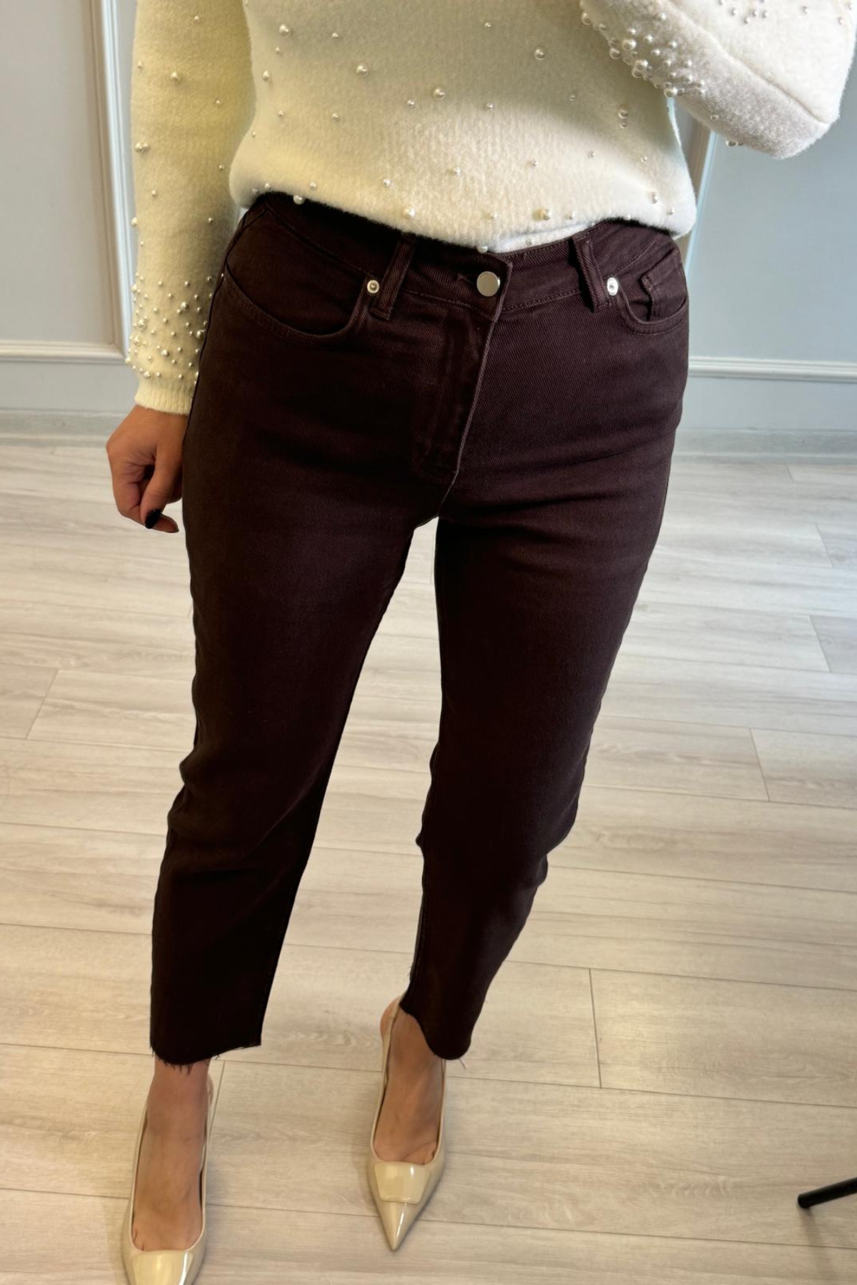 Likralı Mom-Fit Kesik Paça Jean Acı Kahve