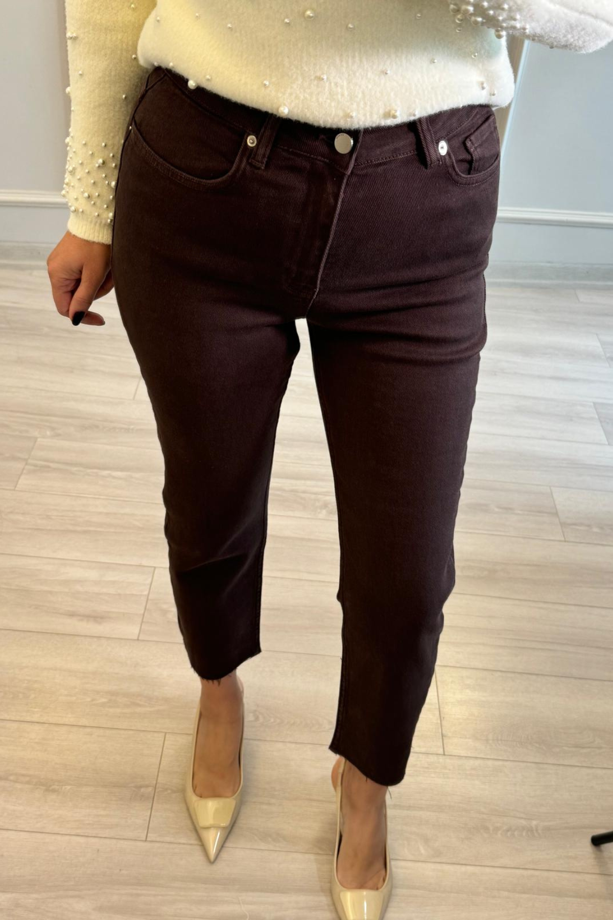 Likralı Mom-Fit Kesik Paça Jean Acı Kahve