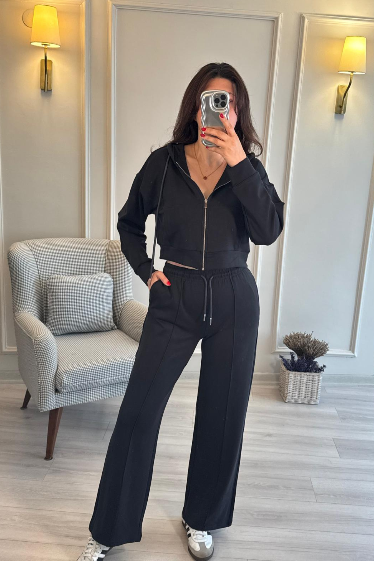 Modal Kumaş Kapüşonlu Crop Eşofman Takımı Antrasit