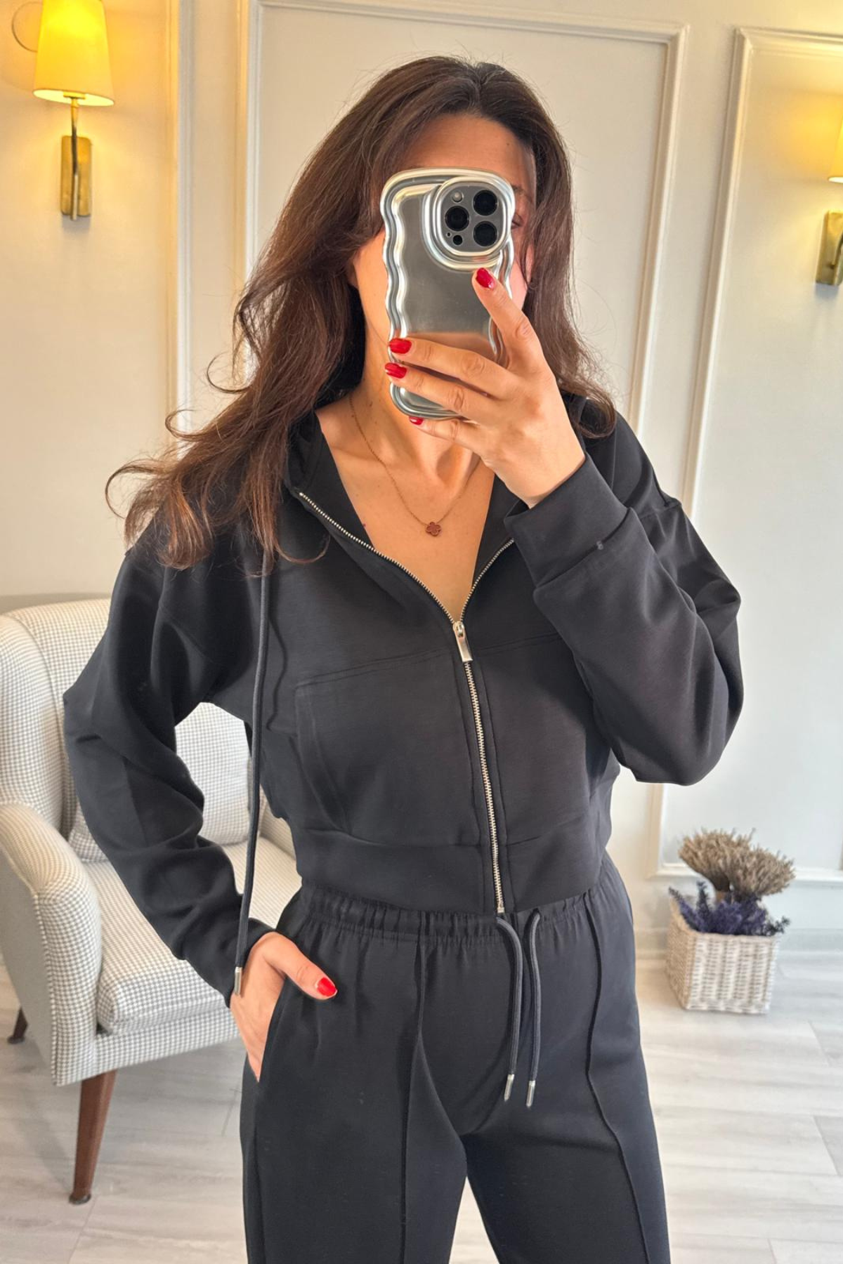 Modal Kumaş Kapüşonlu Crop Eşofman Takımı Antrasit