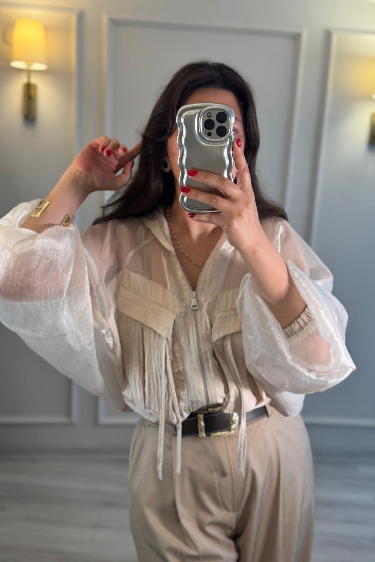 Organze Tül Bomber Ceket Krem