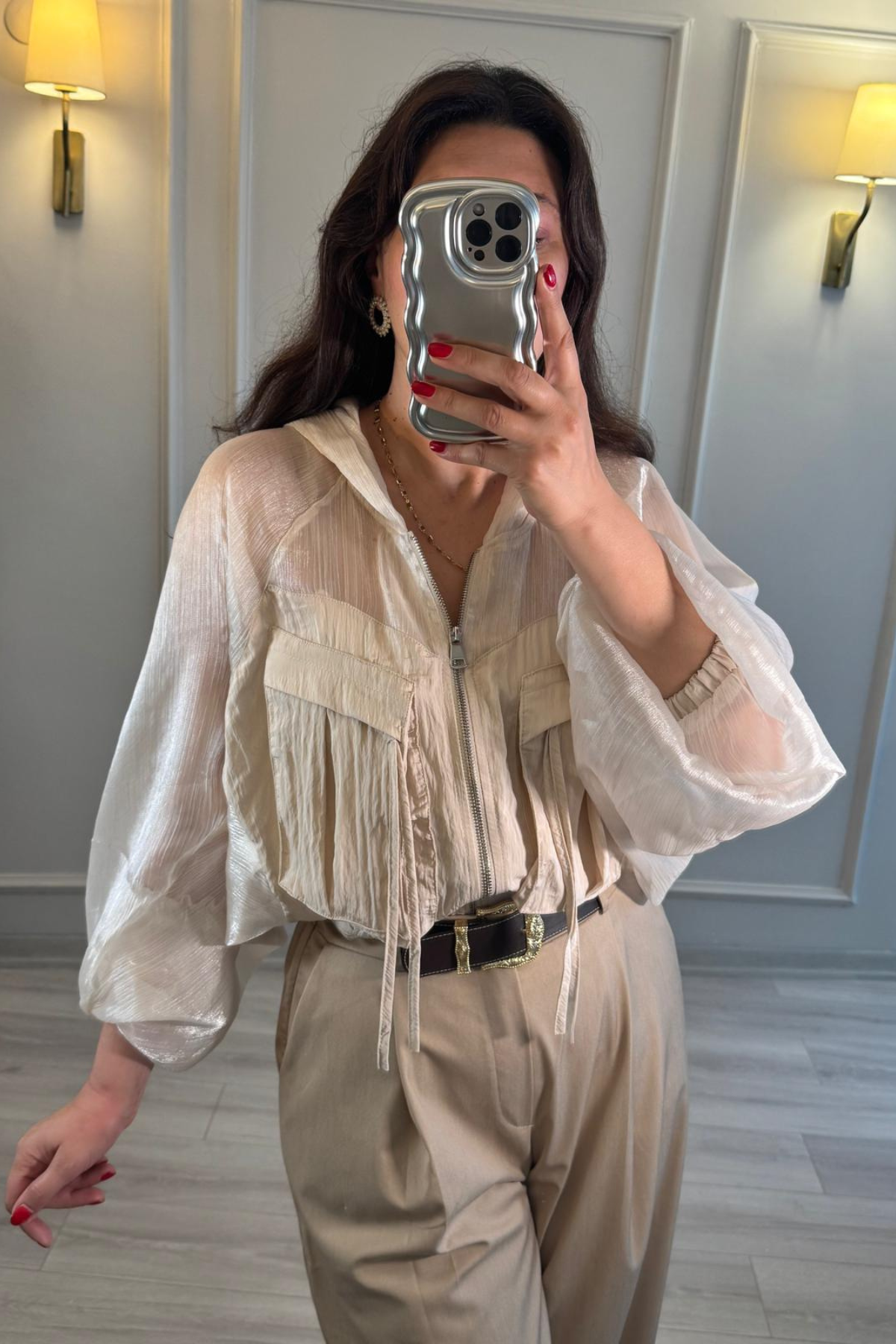 Organze Tül Bomber Ceket Krem