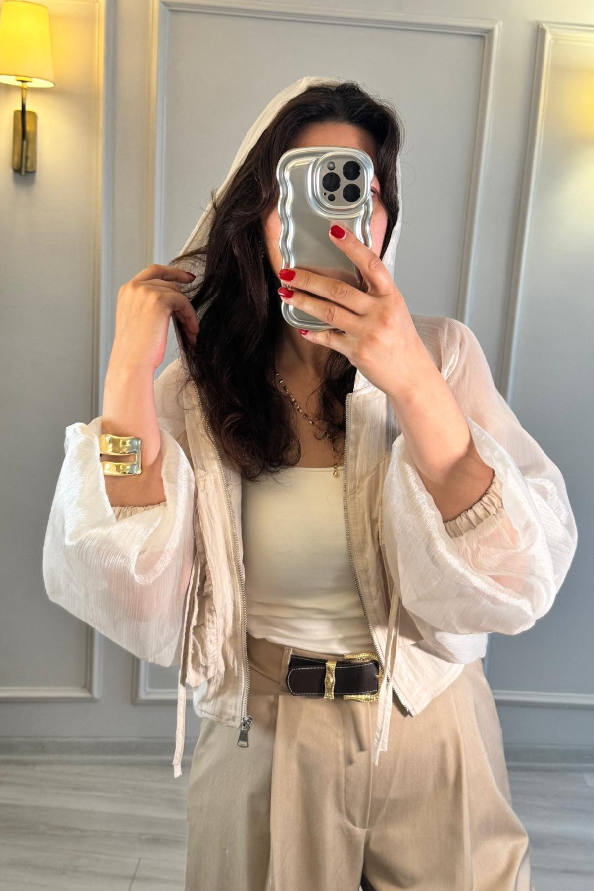 Organze Tül Bomber Ceket Krem