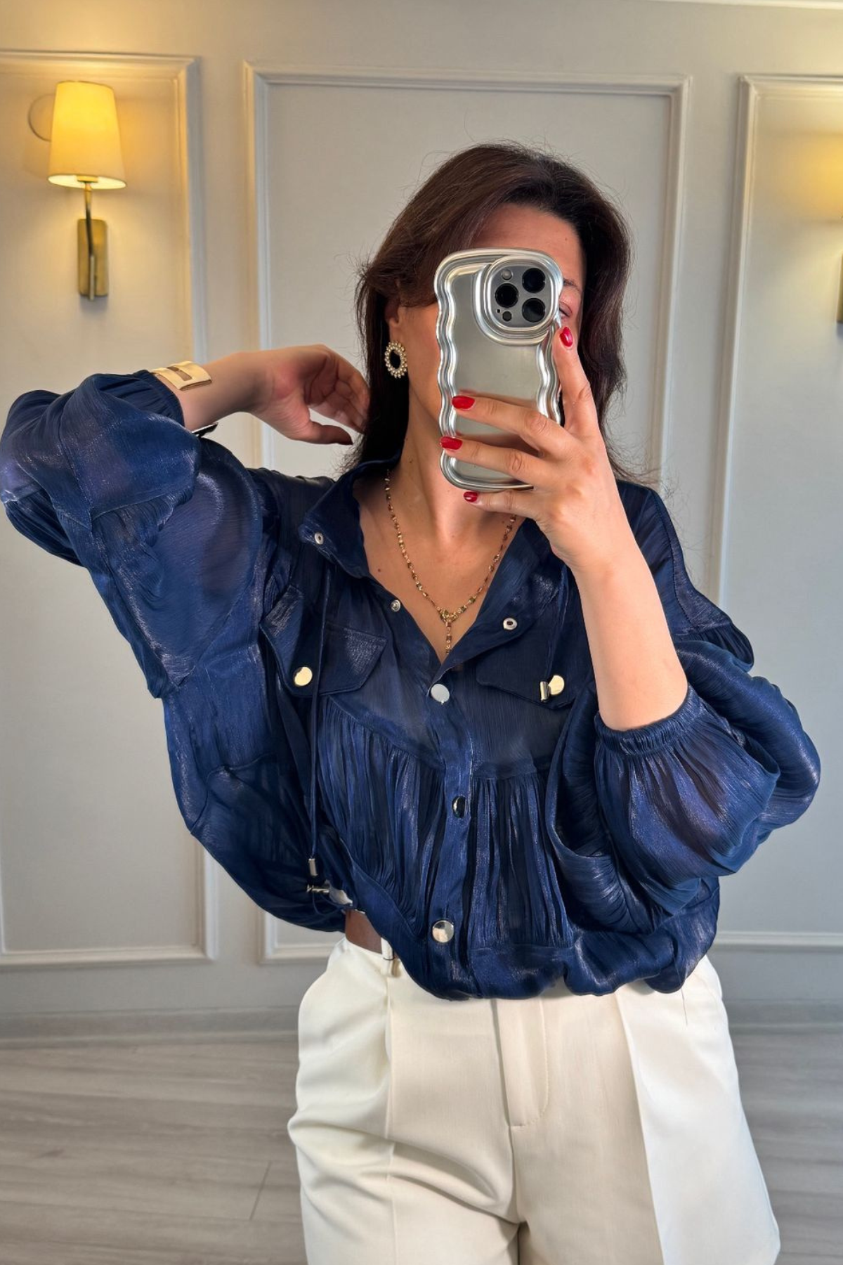 Organze Tül Bomber Ceket Saks Mavi