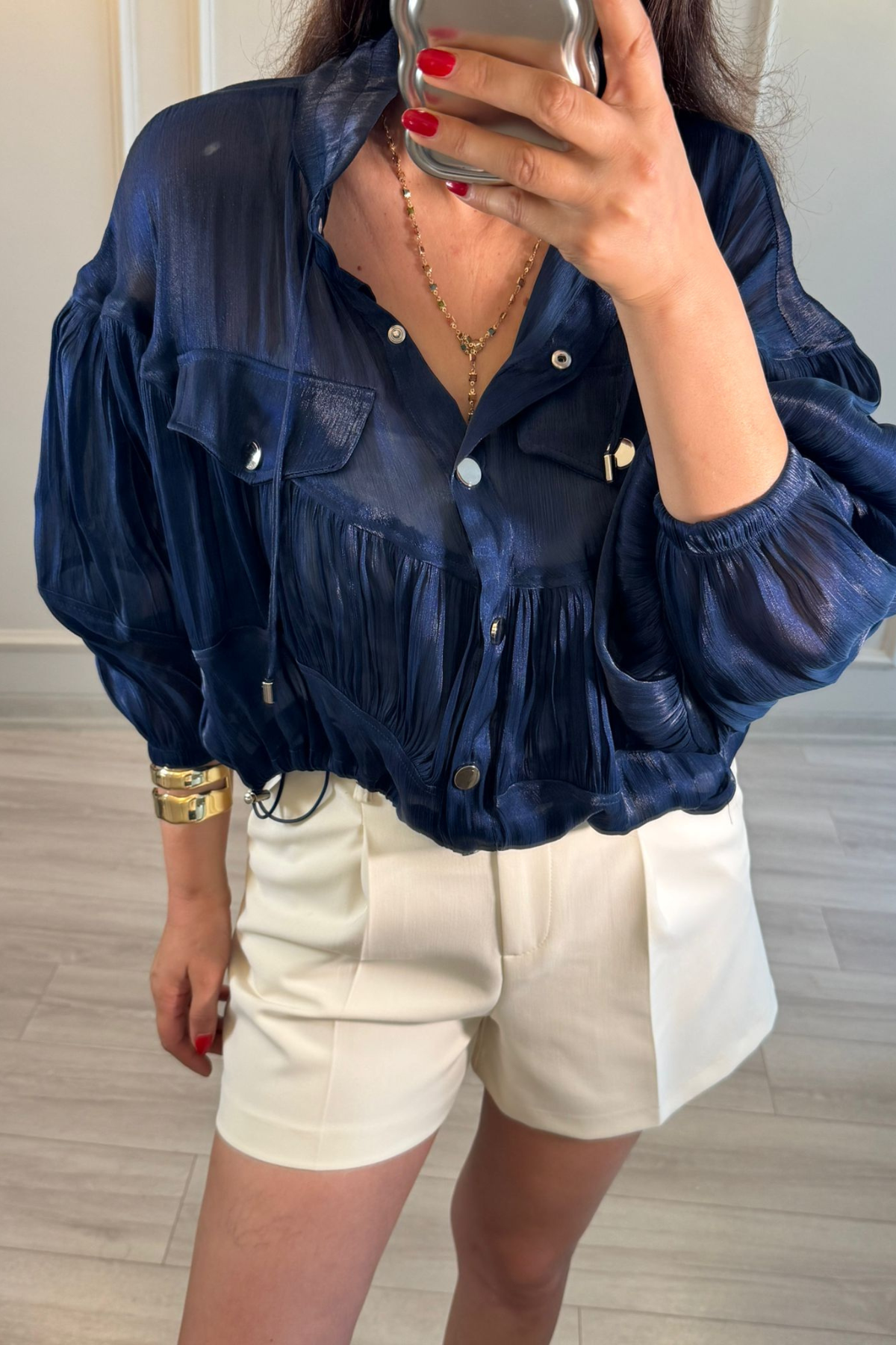 Organze Tül Bomber Ceket Saks Mavi