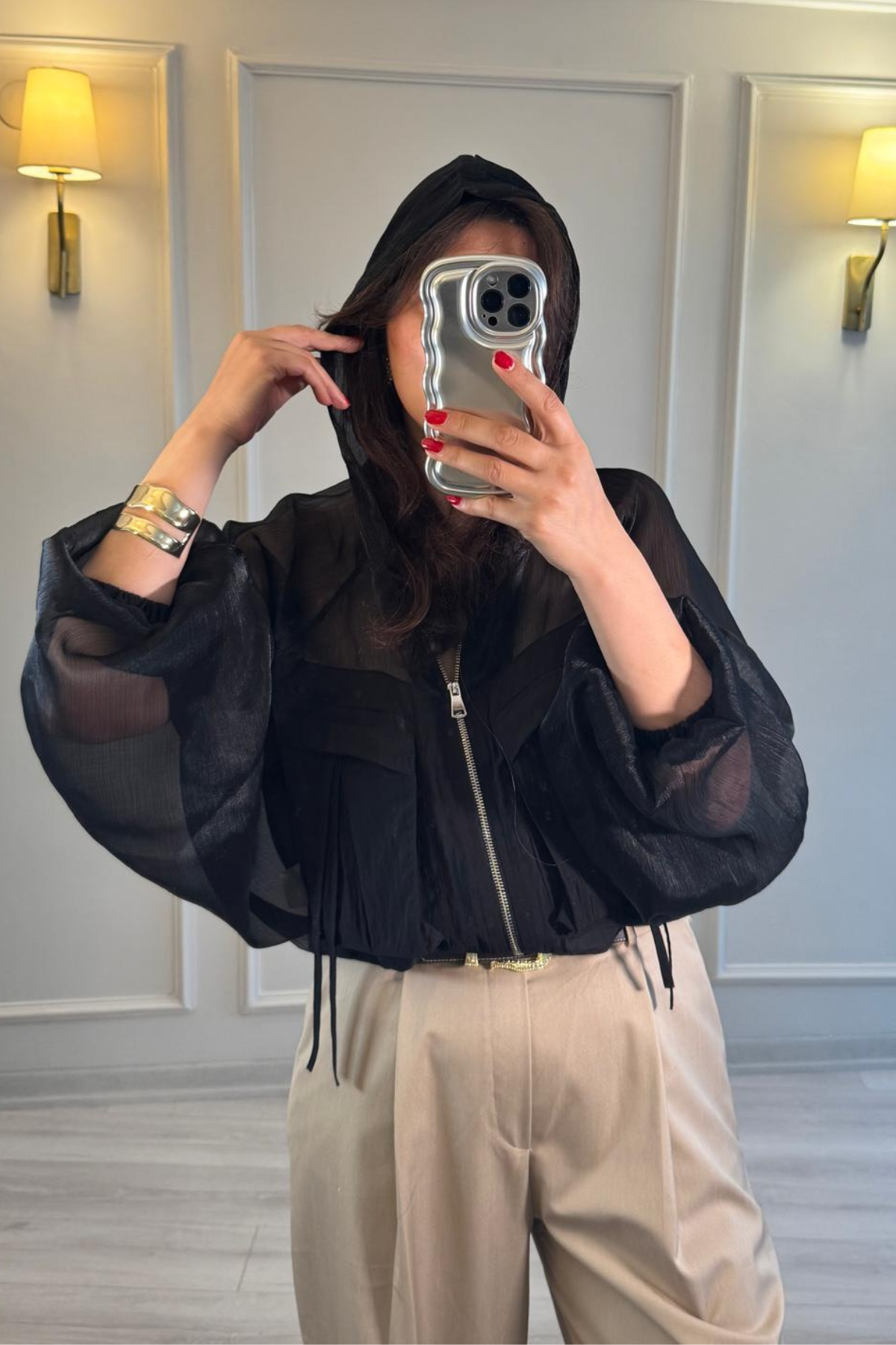 Organze Tül Bomber Ceket Siyah