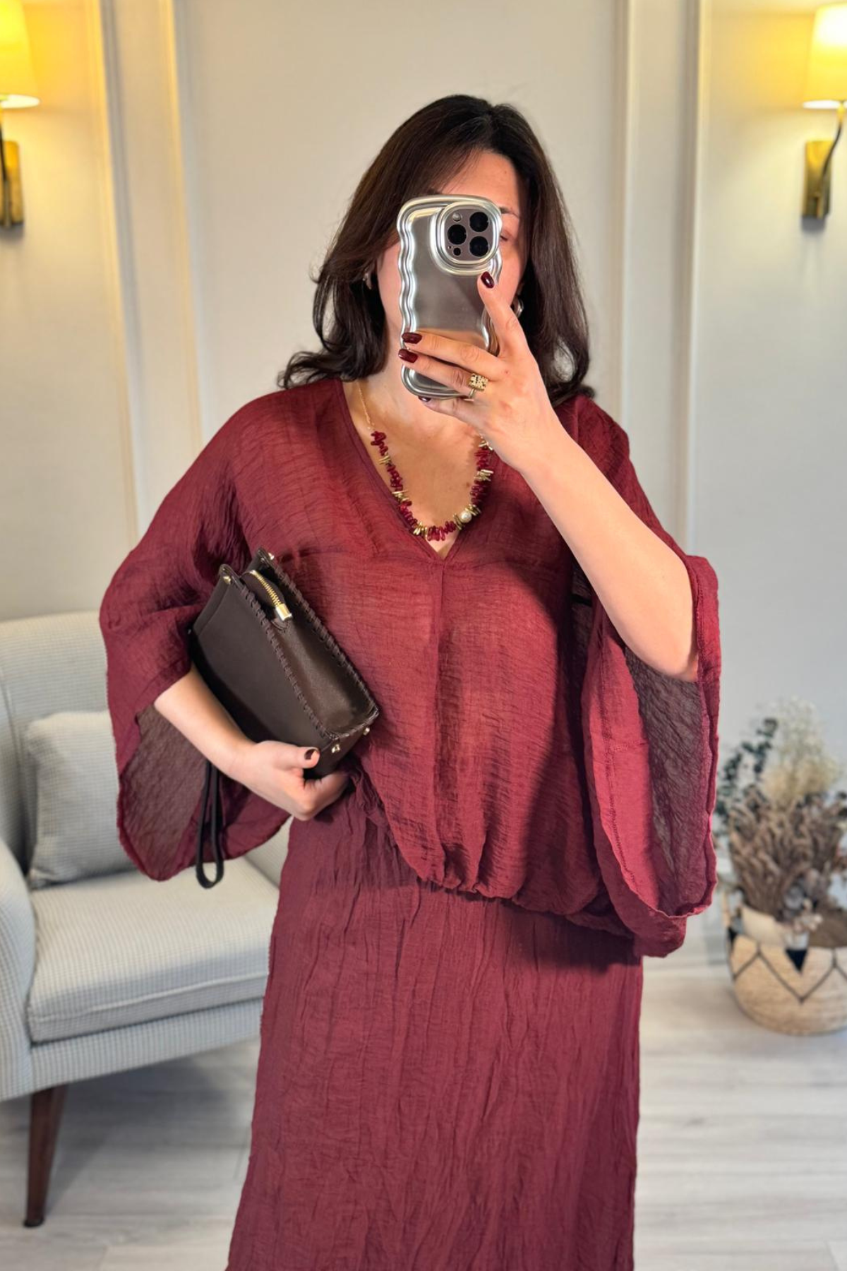 Oversize Bluz Etek Takım Bordo