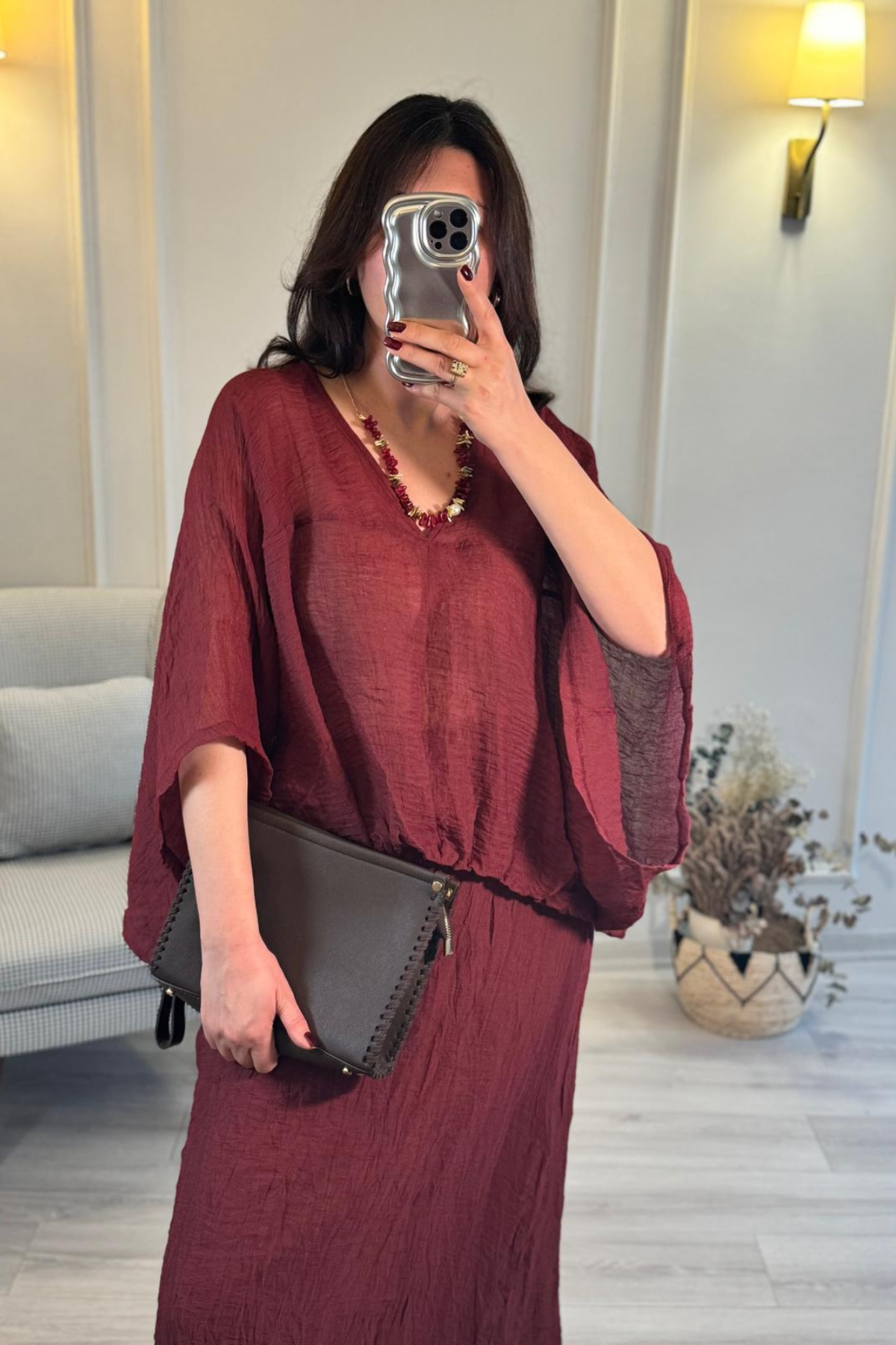Oversize Bluz Etek Takım Bordo