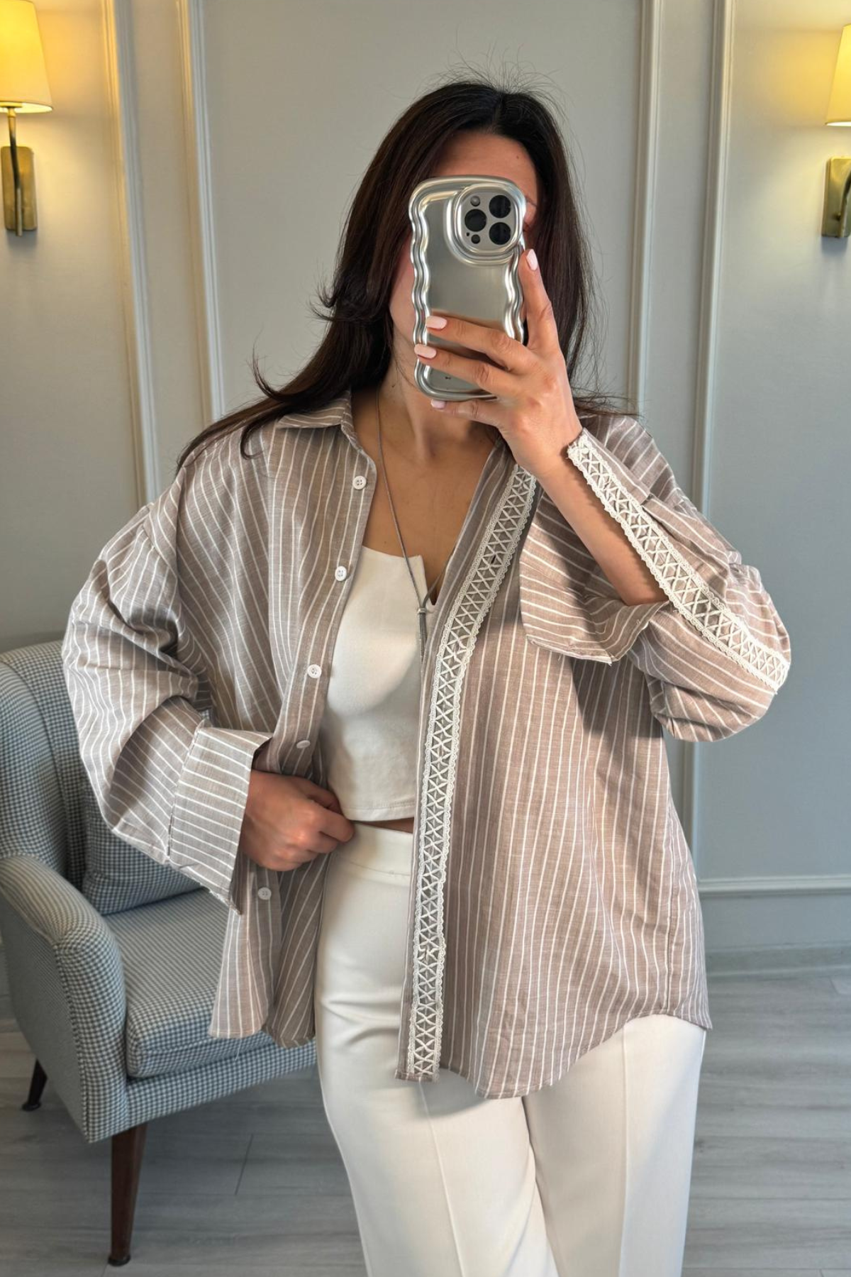 Tasarım Oversize Keten Gömlek Vizon