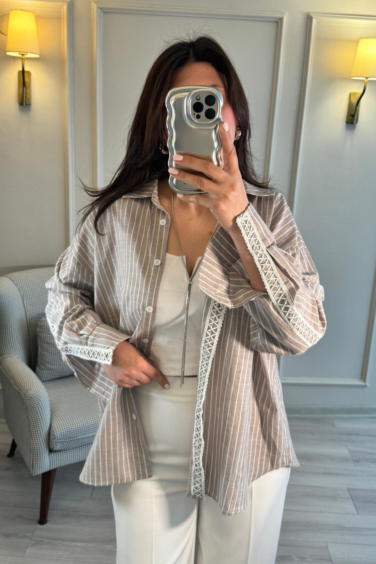 Tasarım Oversize Keten Gömlek Vizon