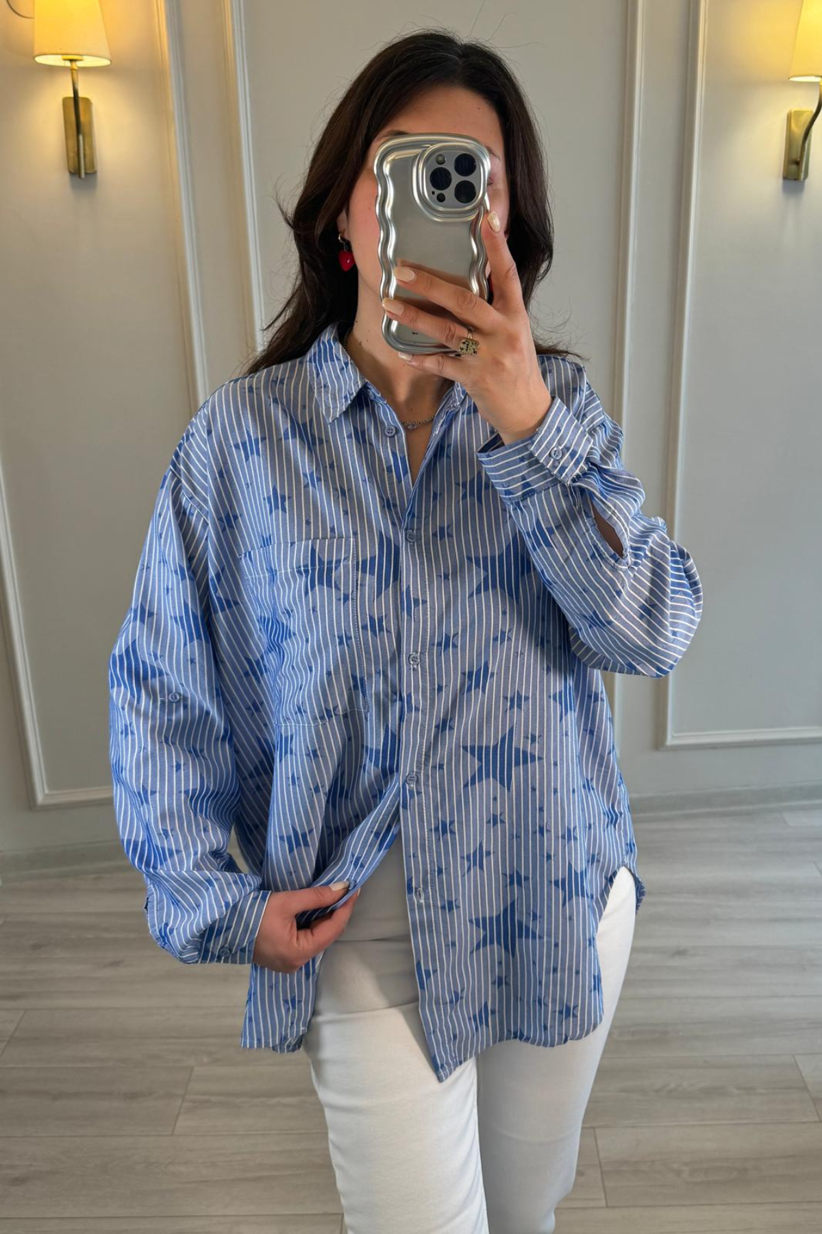 Yıldız Desenli Oversize Gömlek Mavi