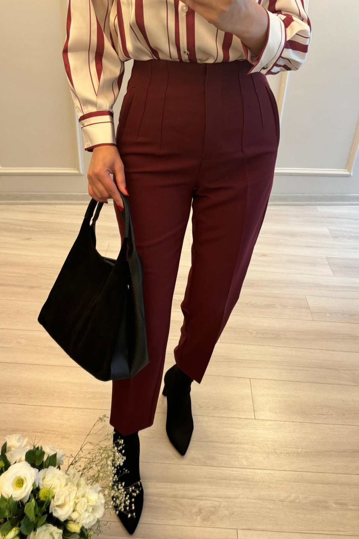 Yüksek Bel Flatolu Pantolon Bordo
