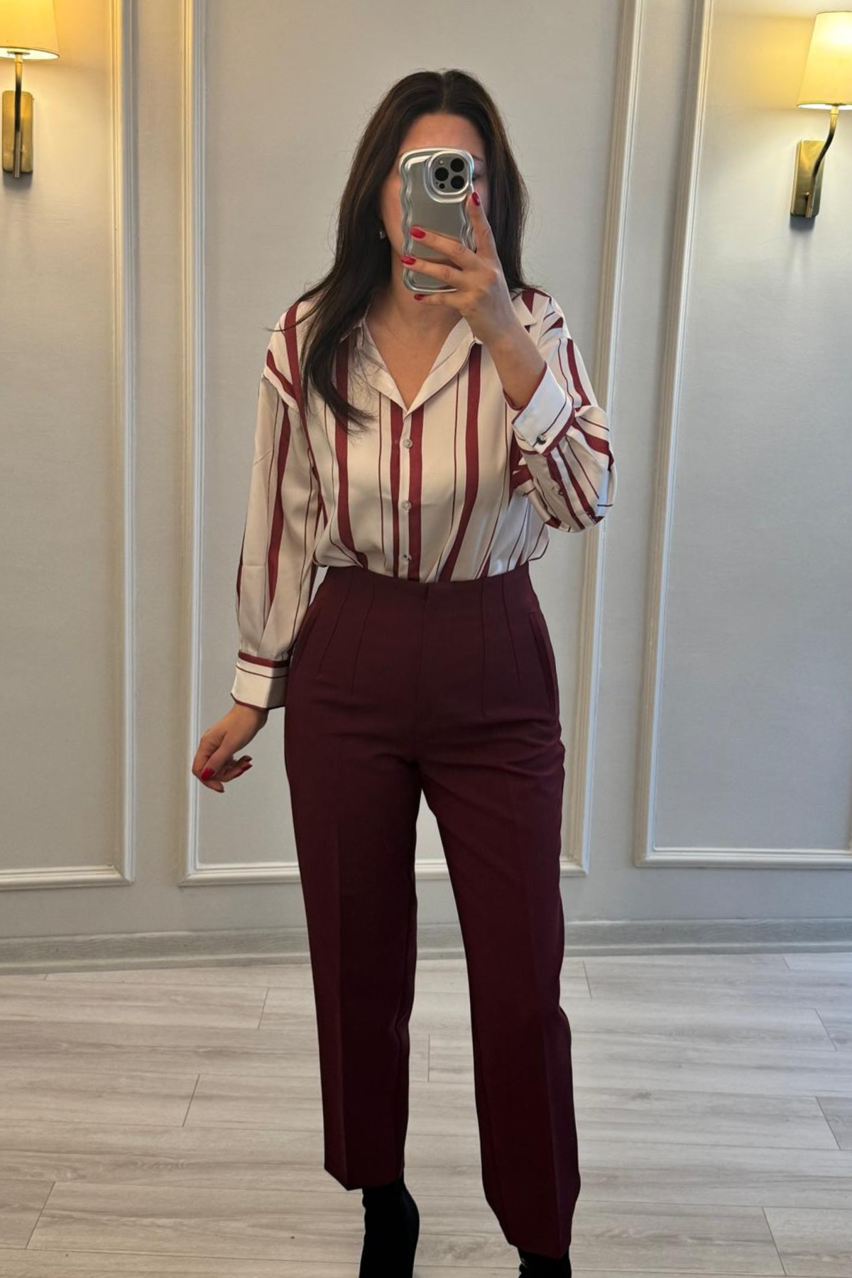 Yüksek Bel Flatolu Pantolon Bordo