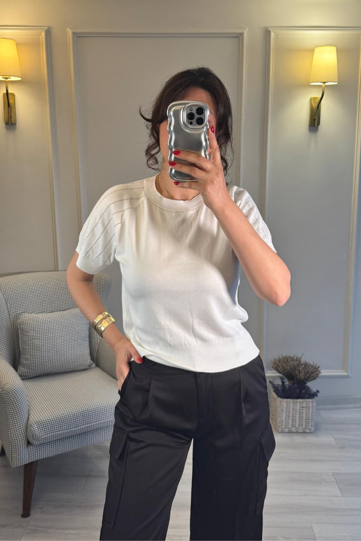 Zincir Detaylı İnce Triko Bluz Beyaz