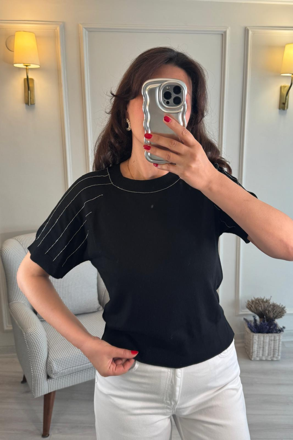 Zincir Detaylı İnce Triko Bluz Siyah