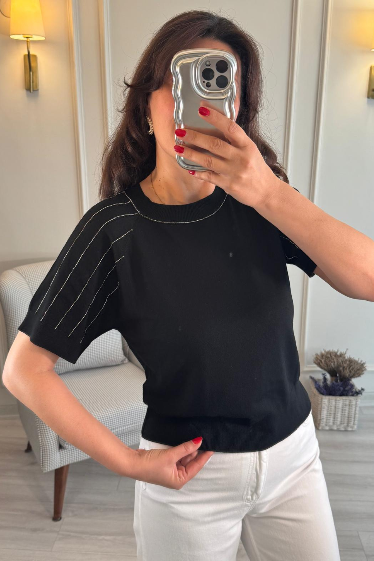 Zincir Detaylı İnce Triko Bluz Siyah