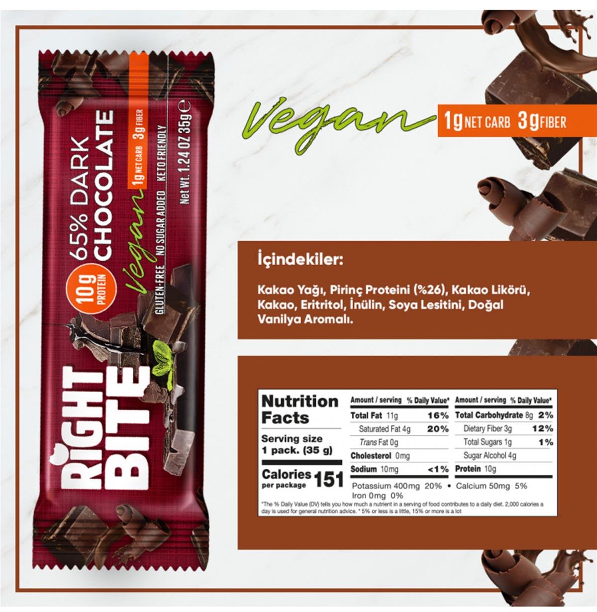 Right Bite Protein Chocolate Dark Chocolate 16 Adet x 35 Gram