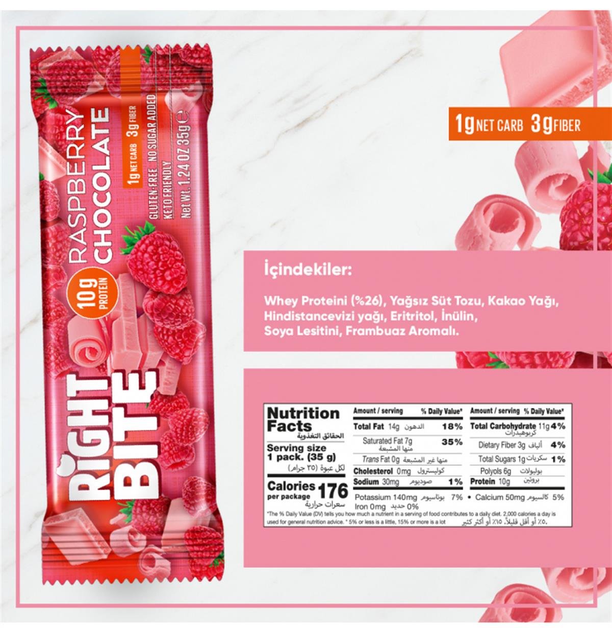 Right Bite Protein Chocolate Raspberry Chocolate 16 Adet x 35 Gram