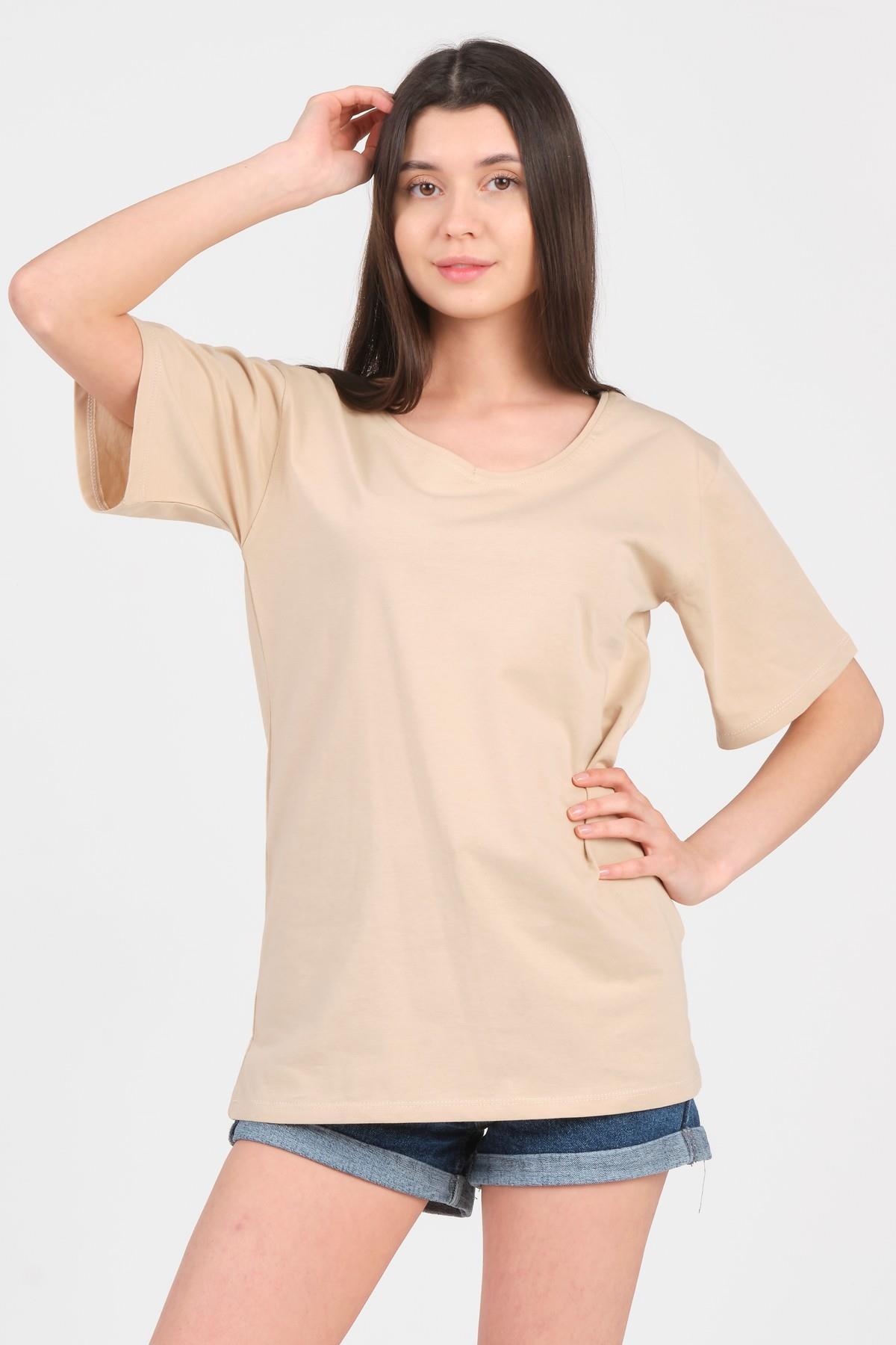 As Collection Bej V Yaka Kısa Kol Boyfriend Kadın T-Shirt