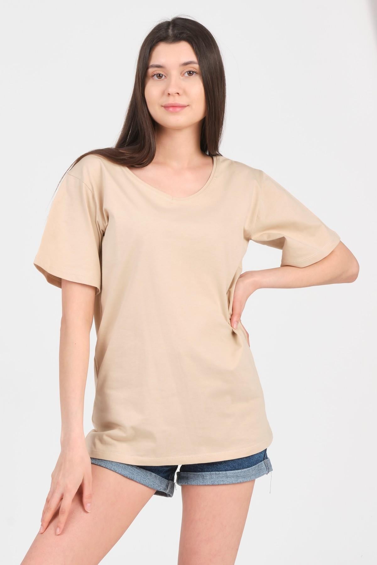 As Collection Bej V Yaka Kısa Kol Boyfriend Kadın T-Shirt