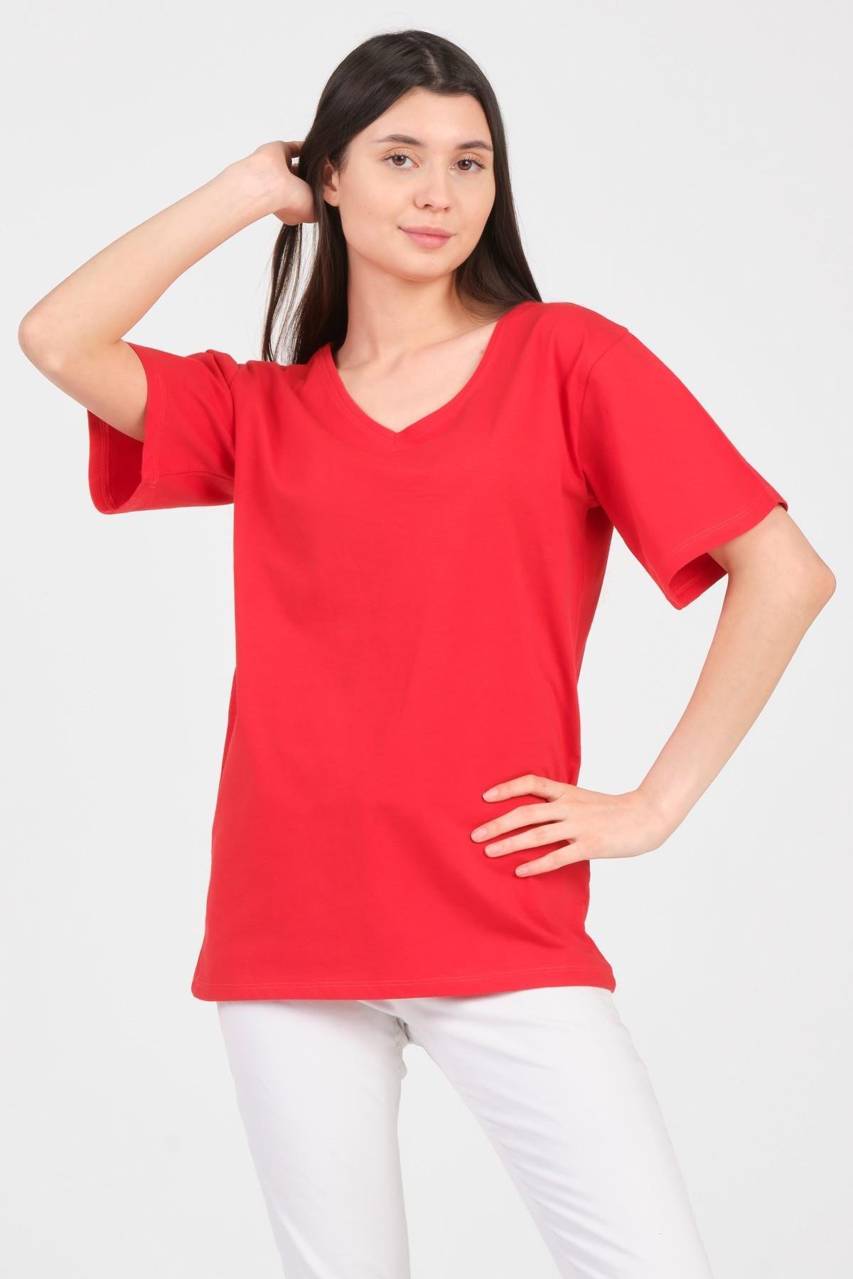 As Collection Kırmızı V Yaka Kısa Kol Boyfriend Kadın T-Shirt
