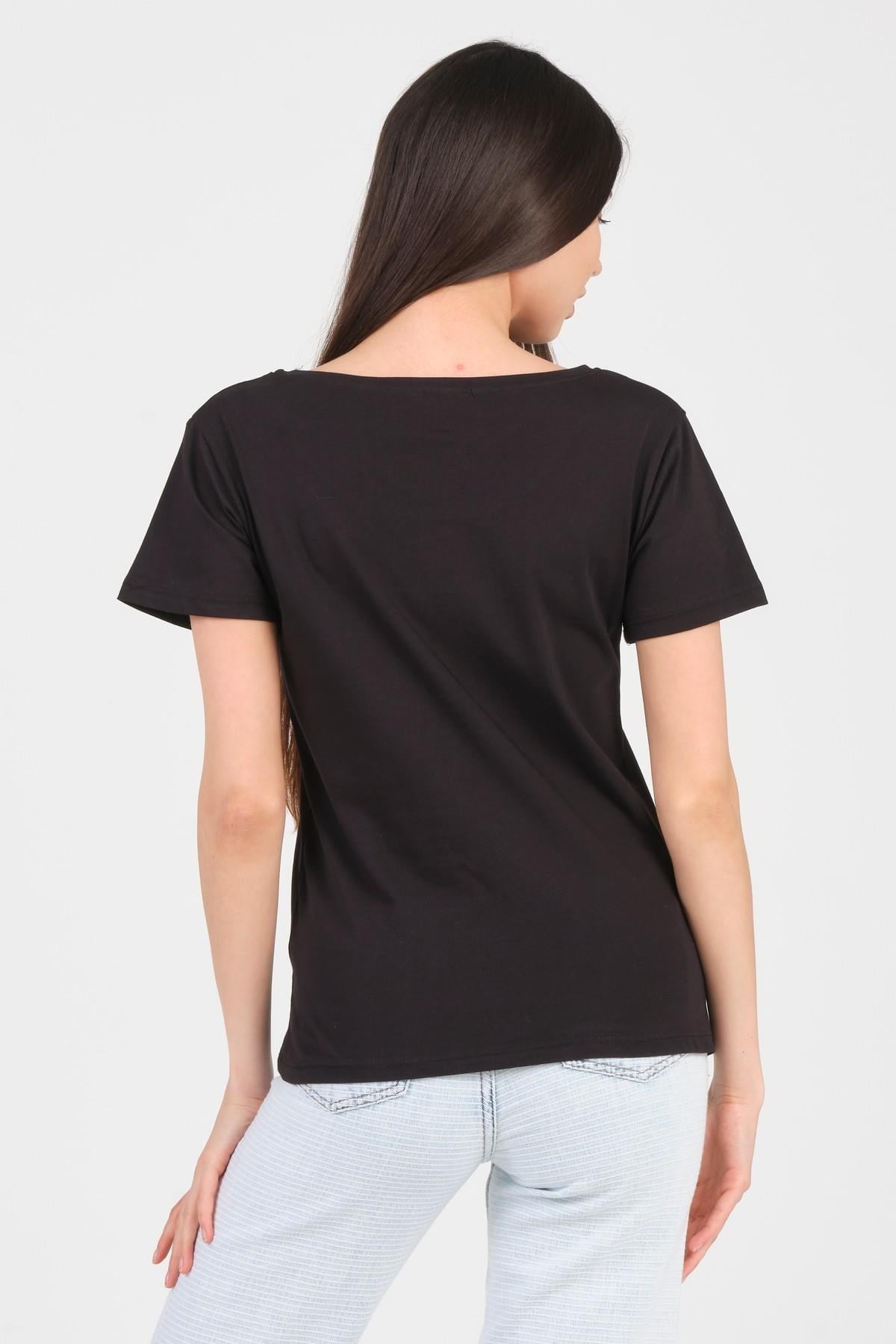 As Collection Siyah Kayık Yaka Kısa Kol Örme Kadın T-Shirt