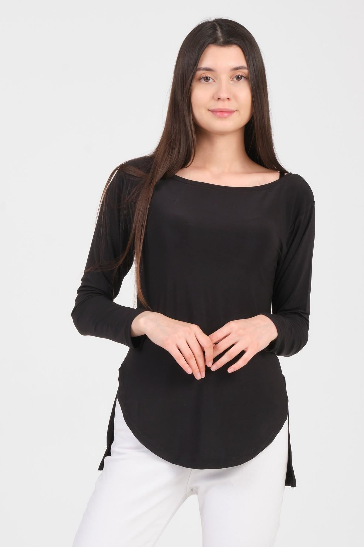 As Collection Siyah Uzun Kol Yırtmaçlı Sandy Kadın T-Shirt