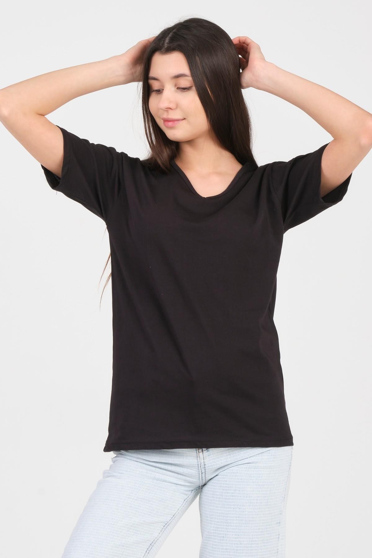 As Collection Siyah V Yaka Kısa Kol Örme Kadın T-Shirt