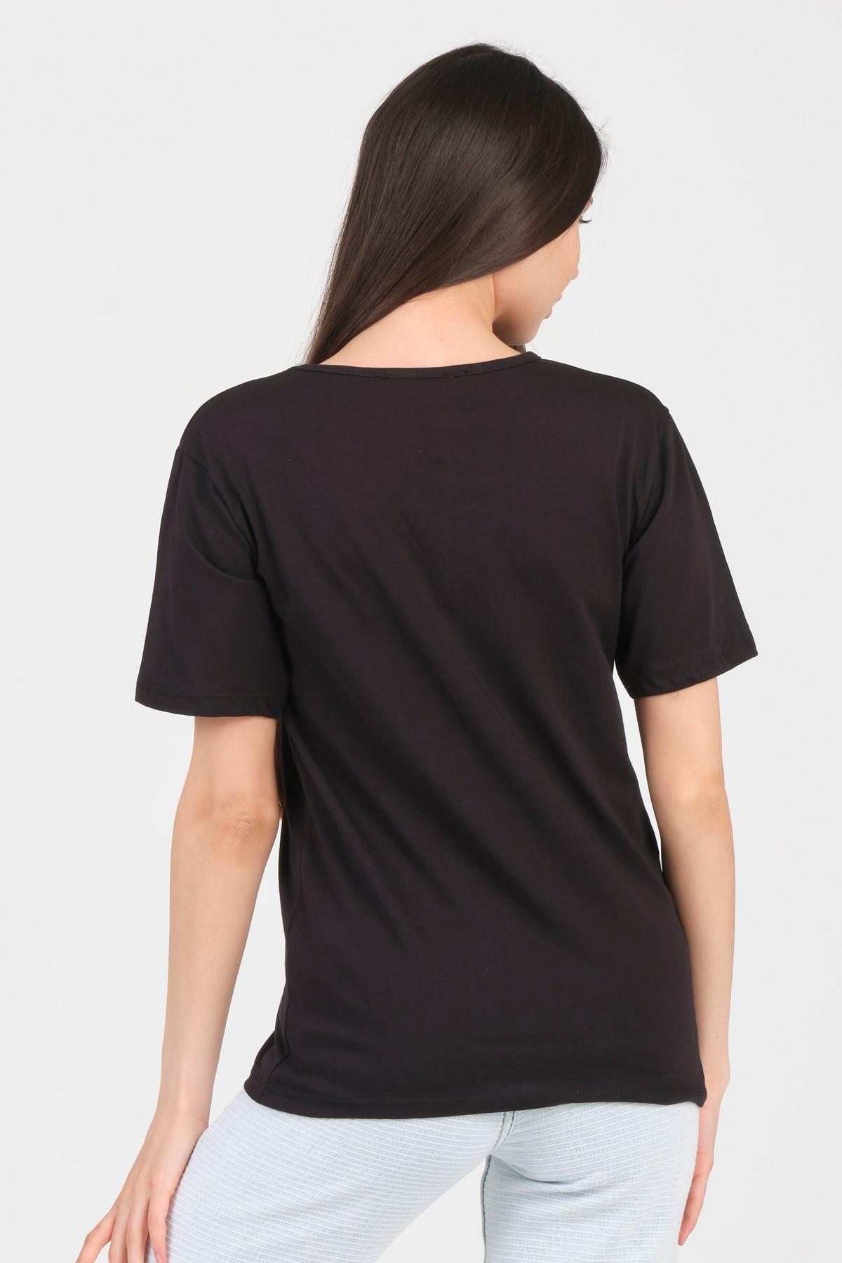 As Collection Siyah V Yaka Kısa Kol Örme Kadın T-Shirt