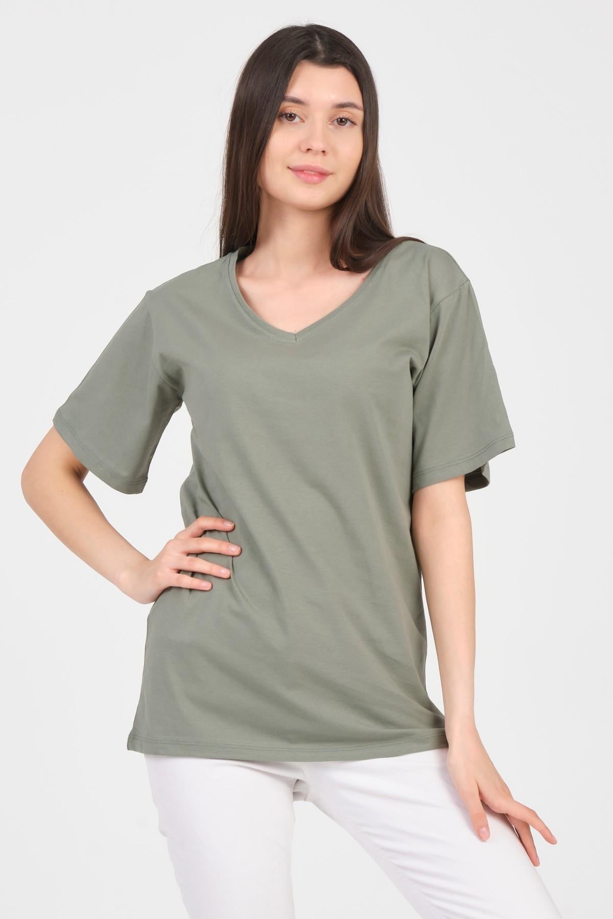 As Collection Yeşil V Yaka Kısa Kol Boyfriend Kadın T-Shirt