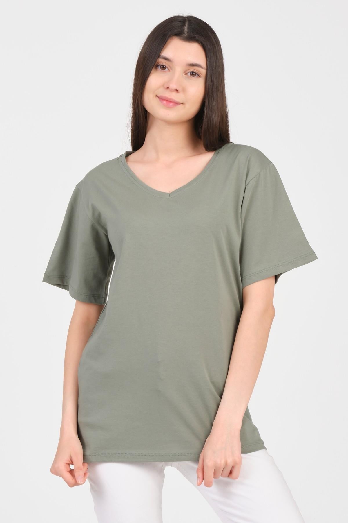 As Collection Yeşil V Yaka Kısa Kol Boyfriend Kadın T-Shirt