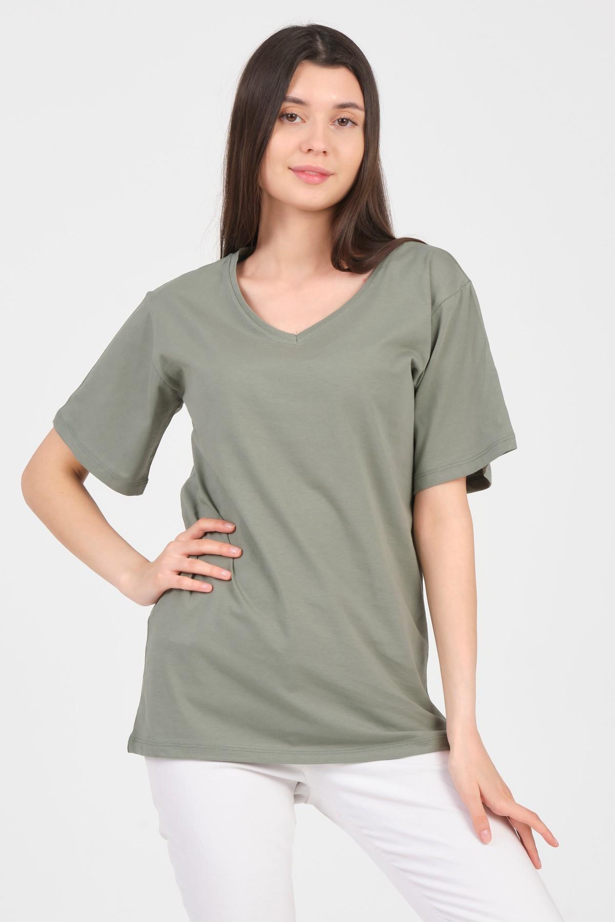 As Collection Yeşil V Yaka Kısa Kol Boyfriend Kadın T-Shirt