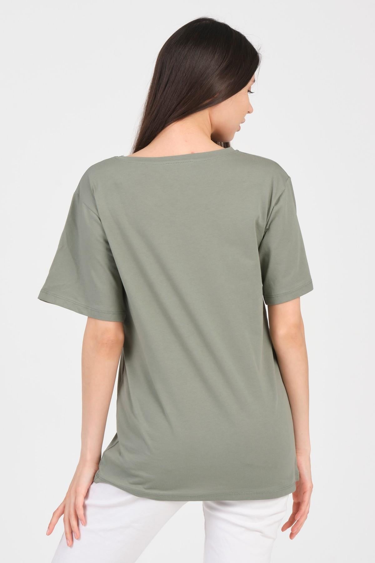 As Collection Yeşil V Yaka Kısa Kol Boyfriend Kadın T-Shirt