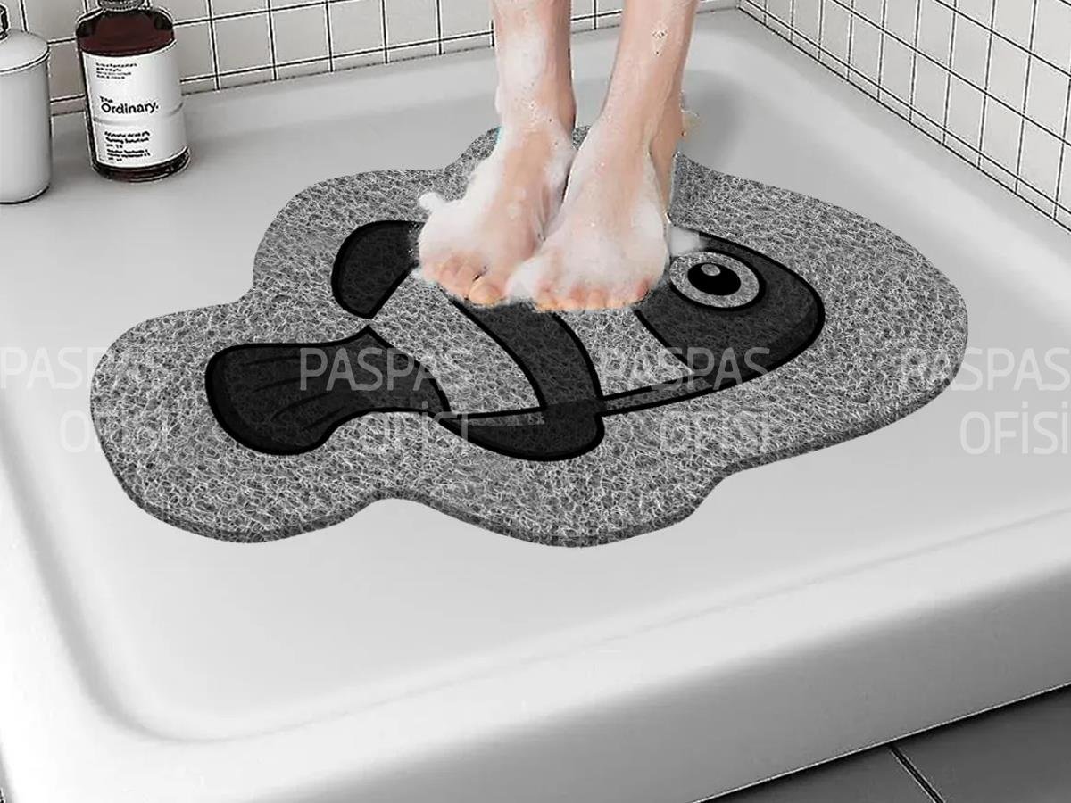 Balık Tasarımlı Banyo Paspası Su Emici Küvet Paspası Kaydırmaz Paspas Gri