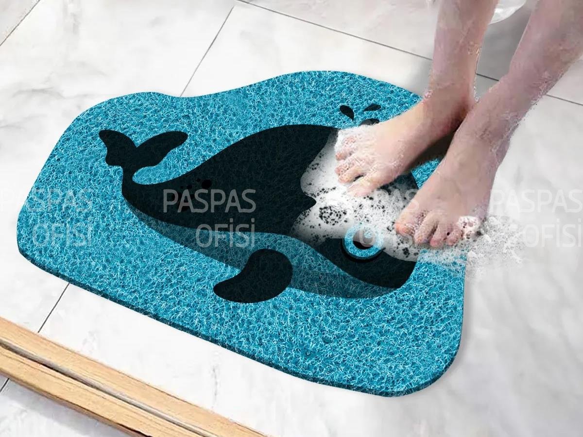 Balina Tasarımlı Su Sıçratmaz Banyo Paspası Kaymaz Tabanlı Banyo Paspas Modeli Mavi
