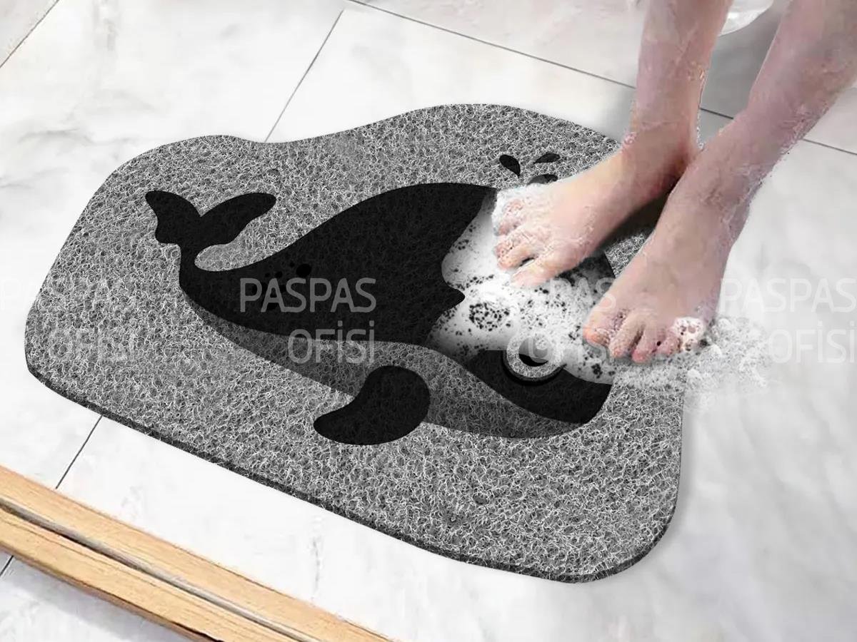 Balina Tasarımlı Su Sıçratmaz Banyo Paspası Kaymaz Tabanlı Banyo Paspas Modeli Gri