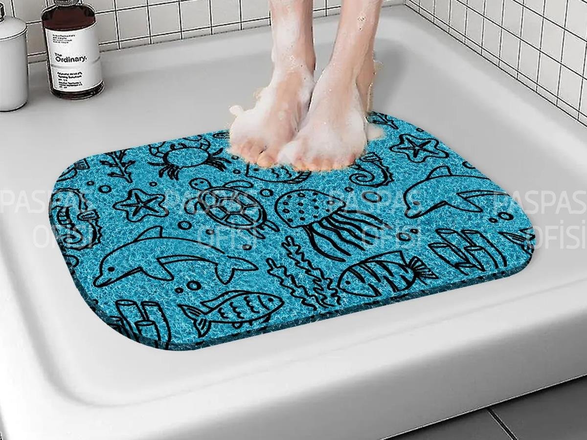 Desenli Banyo Paspası Kaymaz Taban Küvet Paspası Mavi