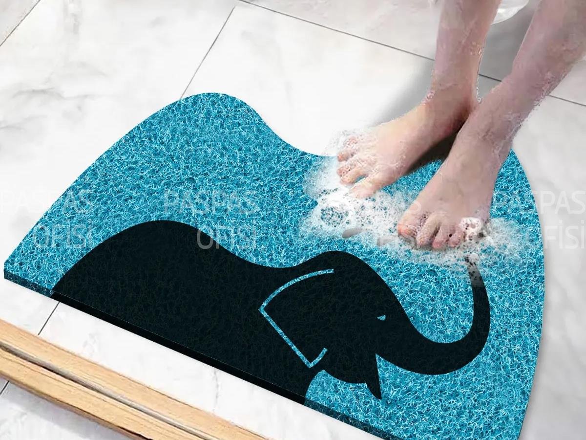 Fil Tasarımlı Banyo Paspası Su Emici Özellikli Kaymaz Banyo Paspası Mavi