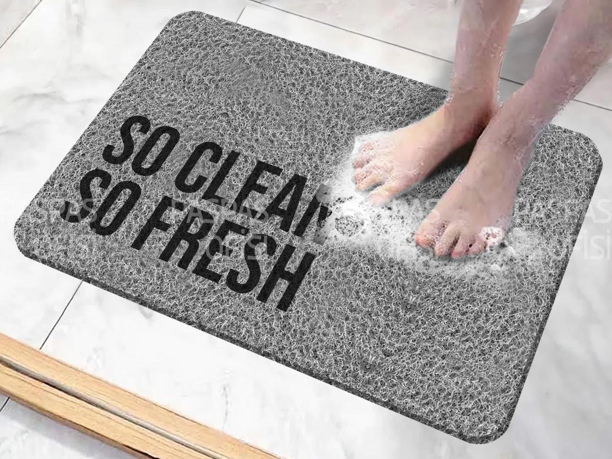 So Clean So Fresh Yazılı Banyo Paspası Kıvırcık Paspas Su Emici Kaydırmaz Paspas Gri