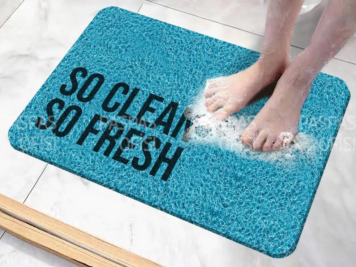 So Clean So Fresh Yazılı Banyo Paspası Kıvırcık Paspas Su Emici Kaydırmaz Paspas Mavi