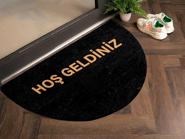 Yarım Daire Paspas Hoş Geldiniz Yazılı Baskılı  Kapı Paspası Siyah