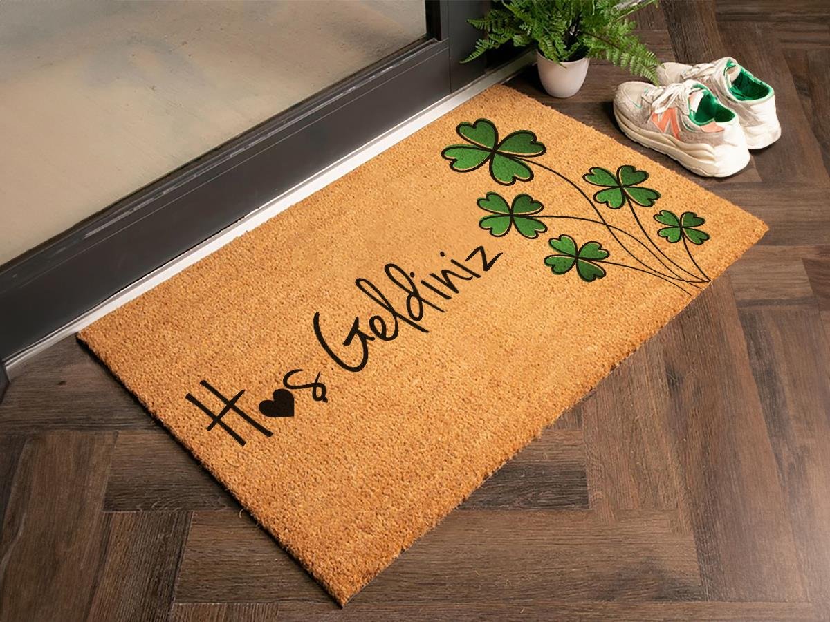 Yeşil Yoncalı Kapı Önü Paspası Hoş Geldiniz Yazılı Kapı Paspası Koko Paspas