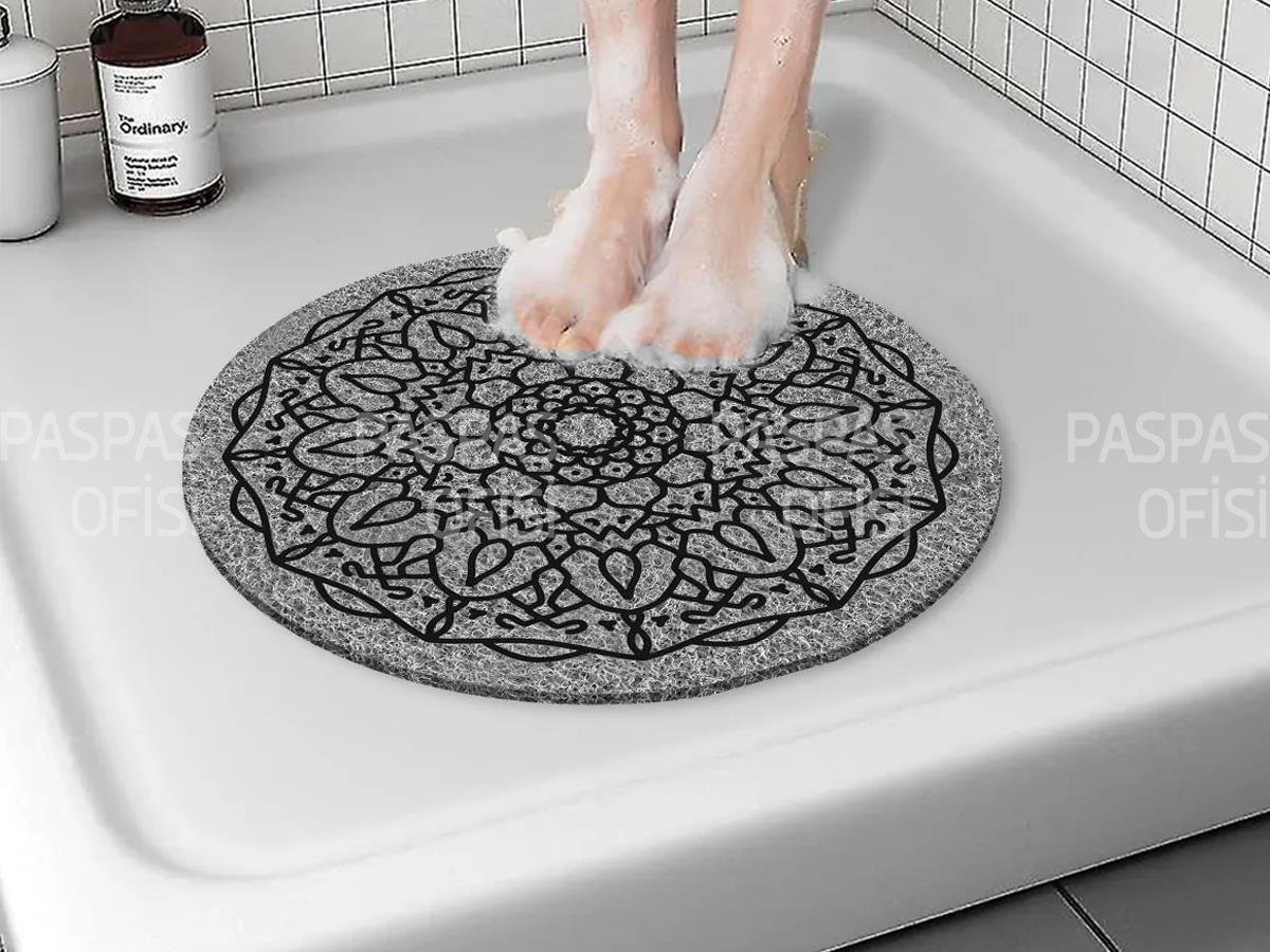 Yuvarlak Detaylı Desenli Kaymaz Banyo Paspası Su Emici Paspas Gri